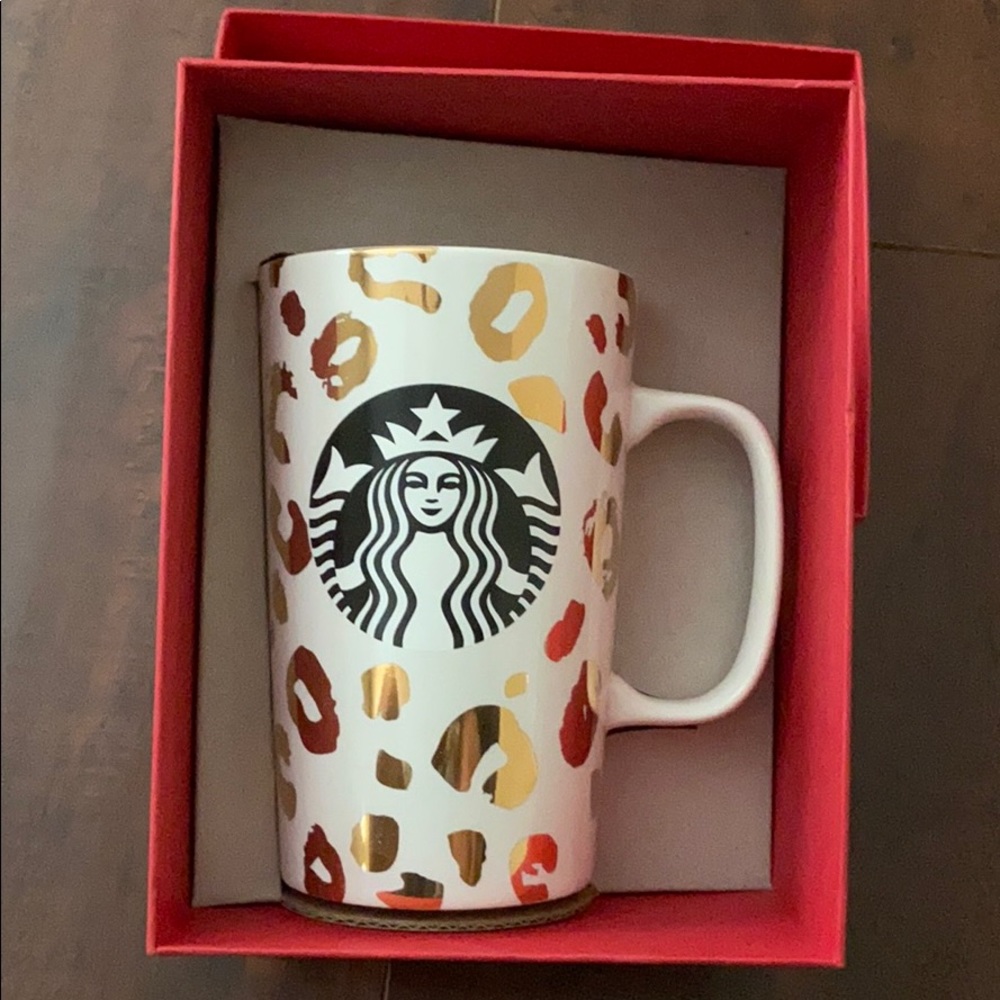 White and gold cheetah print Starbucks mug